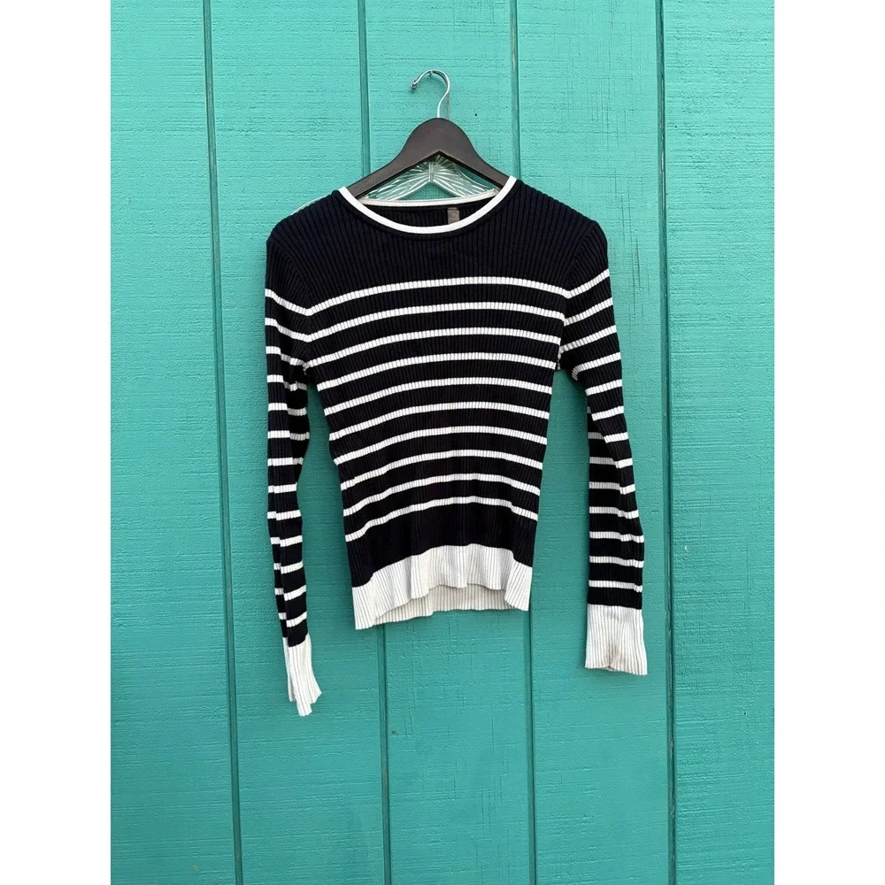 Striped Ribbed Knit Long Sleeve Top Nautical Button‎ Detail Navy White L
